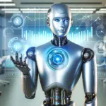 Robo-advisor humanoid interacting with holographic financial graphs in a modern office.